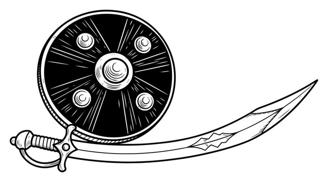 Sword and shield of traditional Indian warrior in detailed engraving style