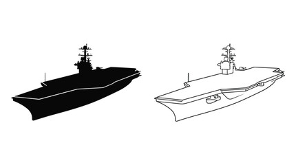 Aircraft carrier silhouette and line drawing on white background © Design Bari