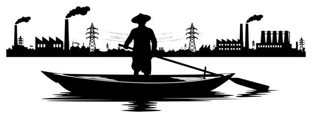 Fisherman rowing boat with industrial factory skyline in silhouette style © Anna