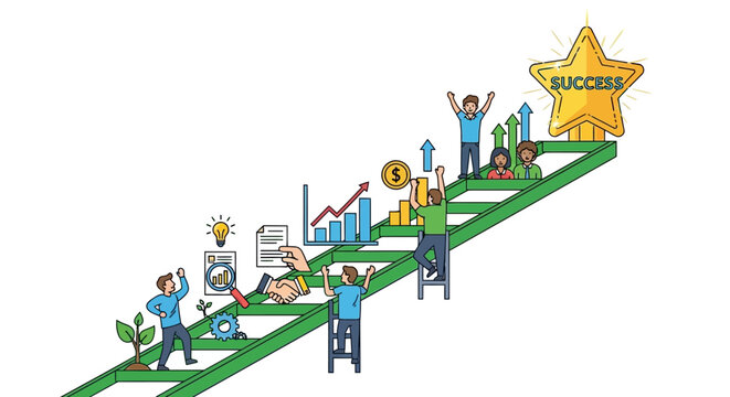 People climbing a green staircase with success star and graphs