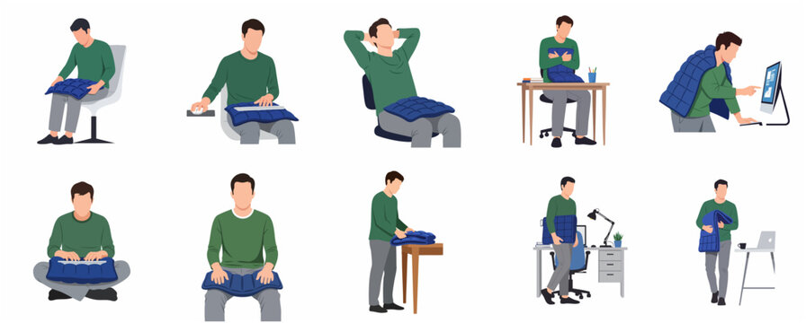 Man using weighted lap blanket for comfort and stress relief while working at desk