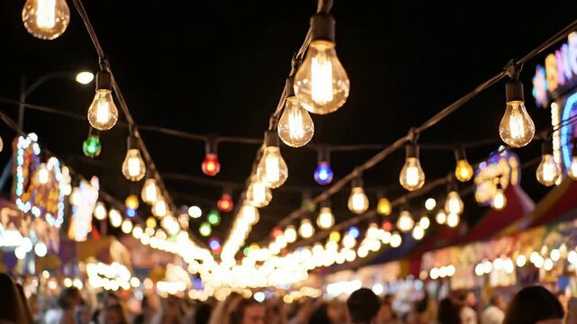 Decorative string lights illuminate outdoor night scene with festive ambiance
