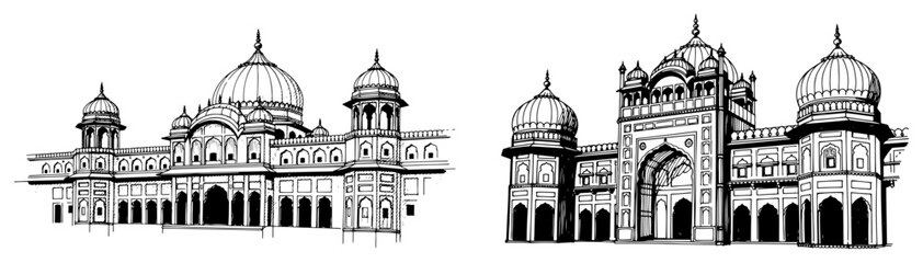 Traditional Indian palace architecture with ornate domes in detailed sketch style © Anna
