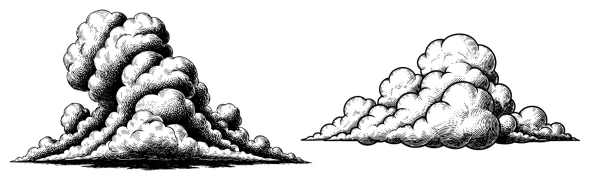 Fluffy cumulus clouds with detailed stippling and shading in vintage engraving style