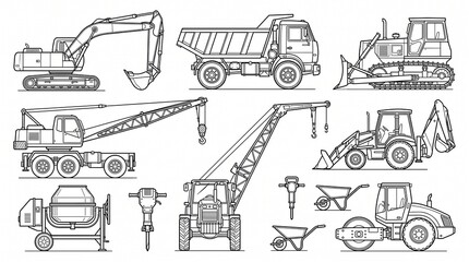 Obraz premium Outlined construction machinery icons featuring excavator, dump truck, bulldozer, cranes, mixer, jackhammer, wheelbarrow, and roller in detailed vector style.