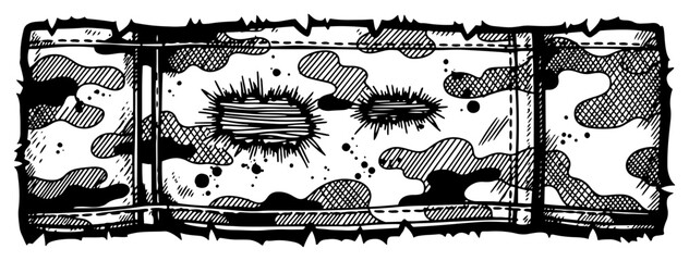 Textured camouflage banner with hatching and organic patterns in vintage graphic style © Anna