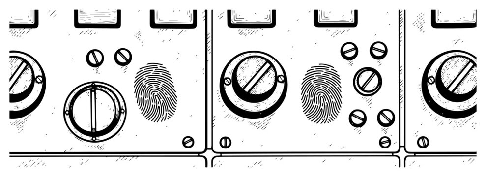 Control panel with knobs and fingerprint in vintage technical sketch style