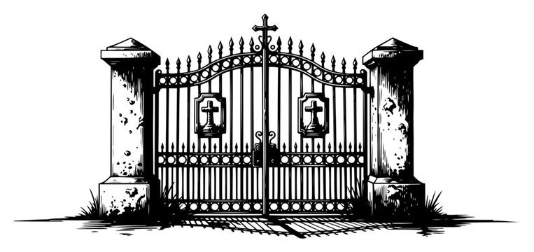 Cemetery gate with crosses and stone pillars in gothic engraving style