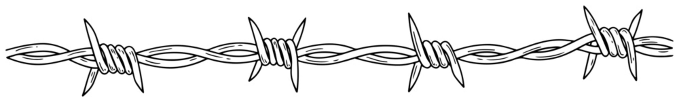 Barbed wire horizontal border segment in hand drawn engraving style