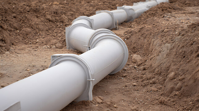 Underground utility infrastructure: large grey pipes with connections laid in an excavated trench, showing a construction site for water or sewage installation