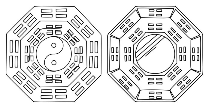 Bagua octagonal symbols with yin yang and mirror in minimalist line art style