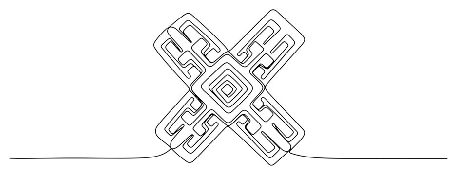 Geometric cross symbol with intricate maze pattern in continuous line art style