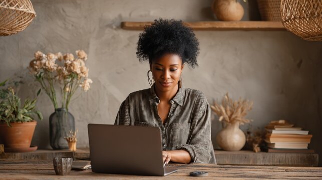 Young woman working on laptop in cozy modern home office interior