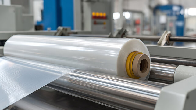 Industrial plastic film roll on a production line machine, close-up shot illustrating manufacturing process, modern factory environment