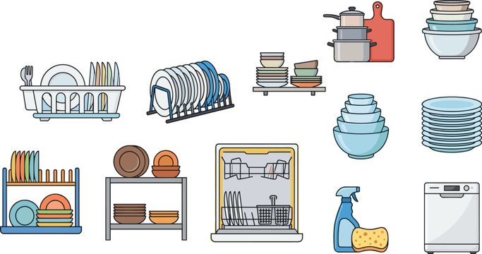 Kitchen Dishware and Dishwasher Equipment Collection with Plates Bowls Cleaning Supplies and Drying Racks Vector Illustration Set