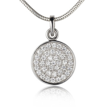 Close-up studio shot of a delicate pendant necklace featuring an intricate arrangement of small clear stones. A perfect piece for modern fashion and sophisticated jewelry design.