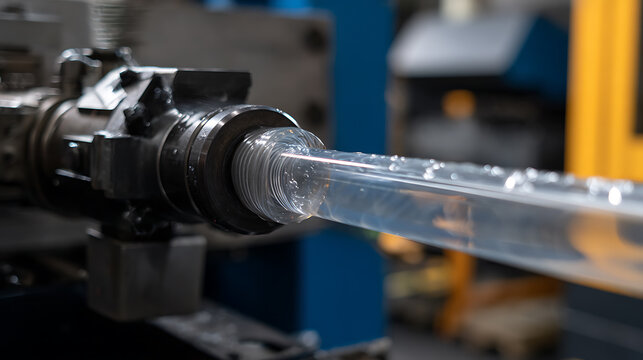 Close-up of a manufacturing machine extruding a clear plastic profile, showcasing an industrial process in a modern production facility