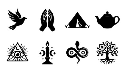 Minimal mystical icon set of 8 black silhouette symbols including bird hands camping tent and teapot vector illustration © MDShahinuddin