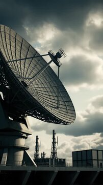 Large satellite dish antenna against stormy cloudy sky