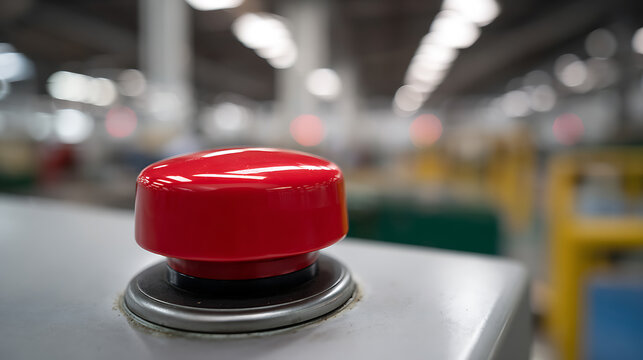 Vibrant Red Emergency Stop Button with Metallic Base in Industrial Workplace Setting, Safety Control for Factory Production