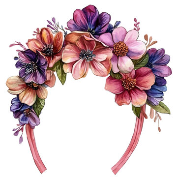 Floral Headband With Silk Flowers, vector watercolor, clipart, isolated on a white background.