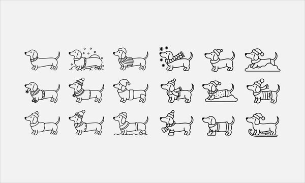 Dachshund weiner dog set doodle outline line art icon set vector illustration