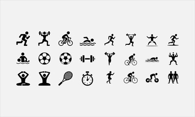 Obraz premium fitness and sport isolated silhouette and line art vector icon set on white background. Vector illustration