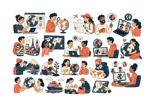 Global Earth Stories Pack flat vector digital illustration, doodle flat, thick outline, expressive characters, simple shapes, playful proportions, exaggerated scale, minimal detail, solid fill, high