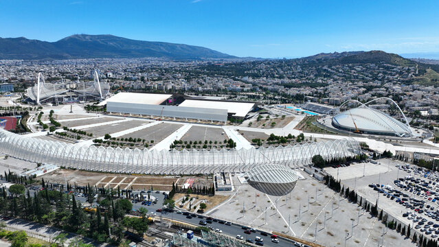 Aerial drone scenic view of sports facilities of OAKA sports compex designed by Santiago Calatrava, Marousi, Attica, Greece