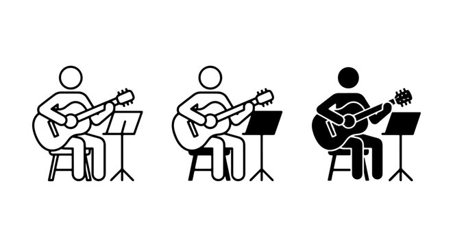 Guitar Player Icons, Musician Stick Figures Playing Acoustic Guitar, Music Performance Vector Set