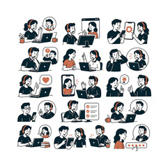 Fototapeta premium Customer Support Stories Pack flat vector digital illustration, doodle flat, thick outline, expressive characters, simple shapes, playful proportions, exaggerated scale, minimal detail, solid fill,