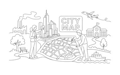 Obraz premium Isometric City Map Banner. Clean one-line drawing banner composition showing a city map planning scene with two urban planners beside a large oversized skyscraper block and oversized road map, small