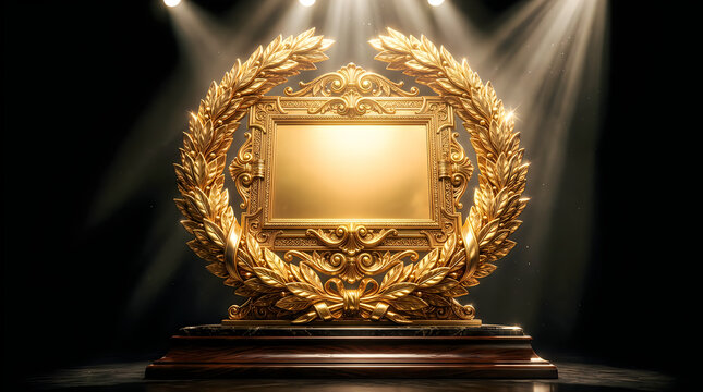 Golden laurel wreath trophy with empty frame, ornate gold award plaque on stage, cinematic spotlight illumination for victory and achievement isolated on White Background
