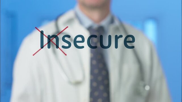 Medical professional crossing out the word insecure written on a transparent screen, symbolizing overcoming anxiety, building confidence, and finding solutions for mental health challenges