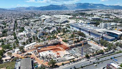 Obraz premium Aerial drone photo of construction site of forthcoming casino of Mont Parness in Dilaveris land, Marousi, Attica, Greece