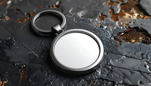 Isolated blank round keychain charm with metallic rim on a textured dark surface, ready for customization