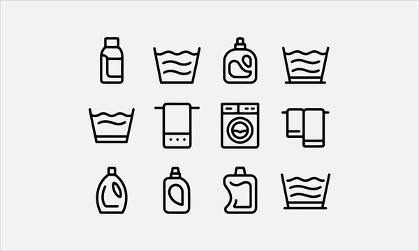 Laundry, Window sponge and Vacuum cleaner silhouette and line art vector icon set . Cleaning line icons vector illustration