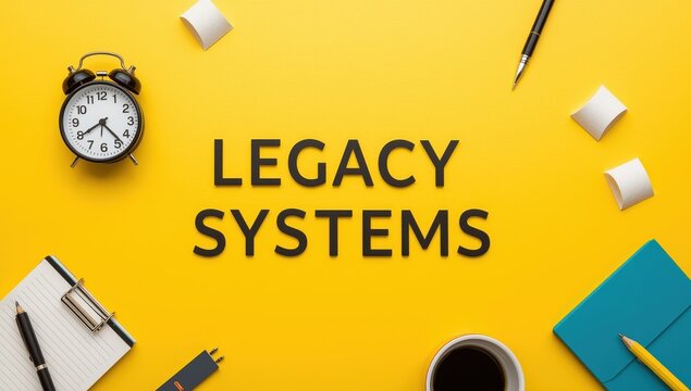 Text on legacy systems alongside an alarm clock on a yellow backdrop.