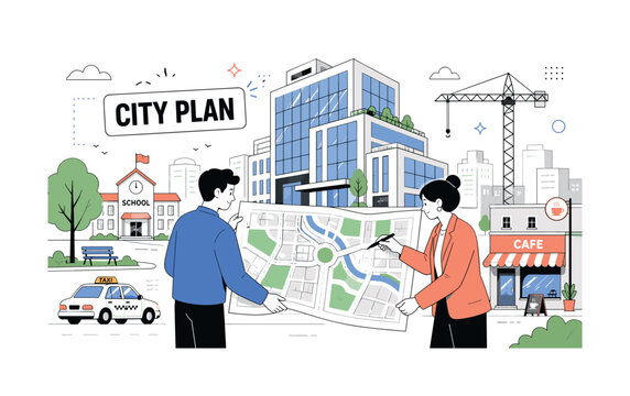 Isometric Urban District. Clean editorial banner with one wide city map scene: two geometric urban planners arranging an oversized road map and a large modern office building, with taxi, school, cafe,