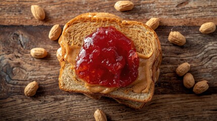 Fototapeta premium Top view of a DIY peanut butter and jelly sandwich on a rustic wooden surface.