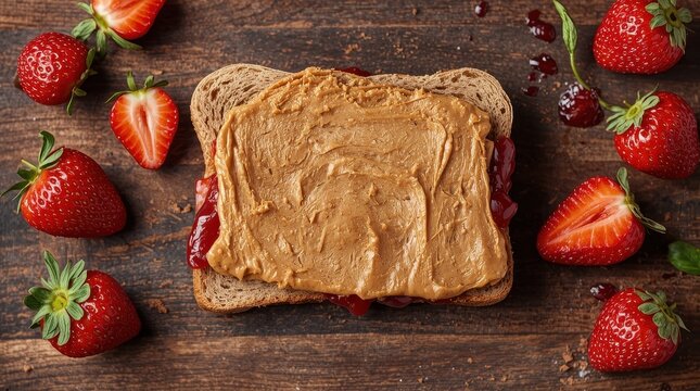 Top view of a DIY PB&J sandwich on a wooden surface.