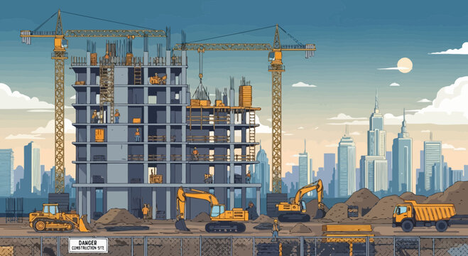 Construction Site with Cranes, Excavators, and Building Under Development