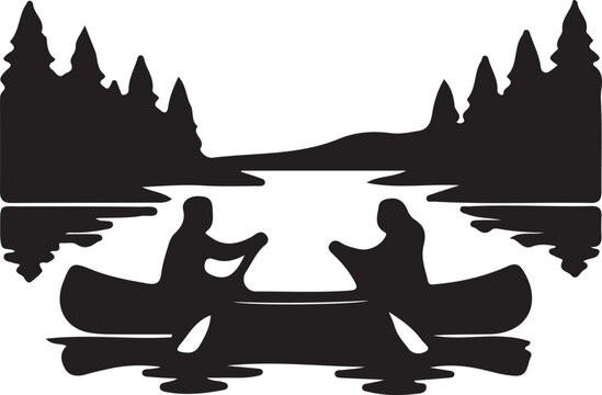 Couple paddling canoe on calm river with pine forest reflection silhouette vector