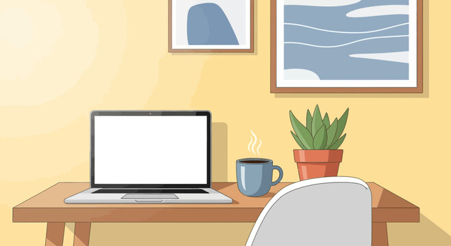Cozy Home Office Desk with Laptop, Coffee Mug, Plant, and Artwork