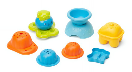 Fototapeta premium Colorful bath toys for toddlers stacked and scattered 