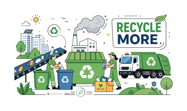 Waste Recycling Infrastructure. Clean editorial banner scene about waste management and recycling processes with two geometric workers sorting garbage beside an oversized recycling container and