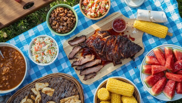 Dining table laden with barbecue brisket, beans, coleslaw, corn, and watermelon.