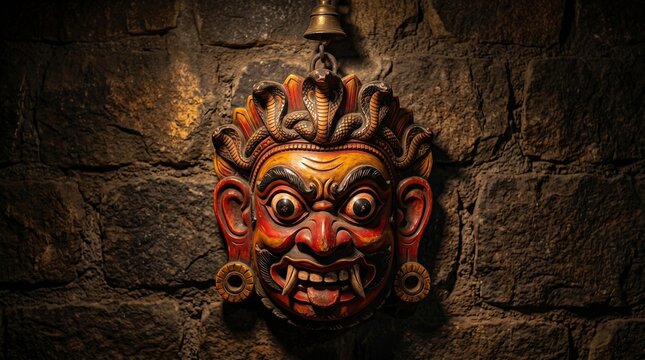 Vibrant Sri Lankan traditional wooden Raksha devil mask on stone wall