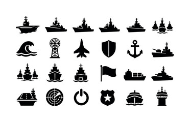 Obraz premium Naval Warship Fleet. Solid glyph icon set of modern naval ships and maritime defense: aircraft carrier, cruiser, destroyer, frigate, warship vessel, naval fleet, ocean wave, radar mast, aircraft