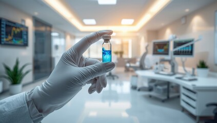 Fototapeta premium Doctor's gloved hand gripping a medicine vial.